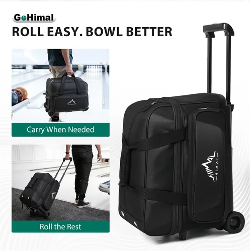 Vista 7 de GoHimal Bolsa de bolos de doble rodillo para 2 bolas con compartimento separado para zapatos de boliche (hasta talla 15 de hombre de EE. UU.) y Negro