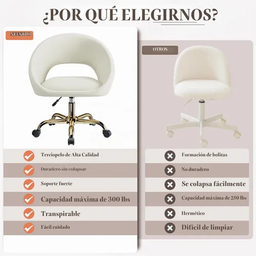 Vista 3 de Silla de Tocador con Ruedas, Cómodas Sillas de Escritorio para Oficina en Casa Ajustables Silla de Maquillaje de Terciopelo Moderna para Dormitorio