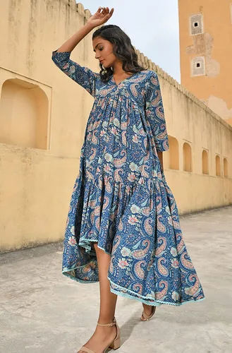 Vista 7 de Janasya Vestido indio de algodón verde azulado con estampado floral para mujer