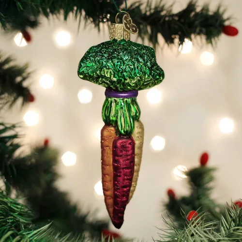 Vista 2 de Old World Christmas Adornos de vidrio soplado de zanahorias arcoíris para árbol de Navidad