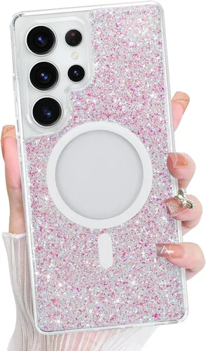 Vista 461 de Bonoma - Funda compatible con Samsung Galaxy S21 Plus, diseño de corazón con purpurina, color rosa Support for MagSafe, Plating Magnetic Case TPU