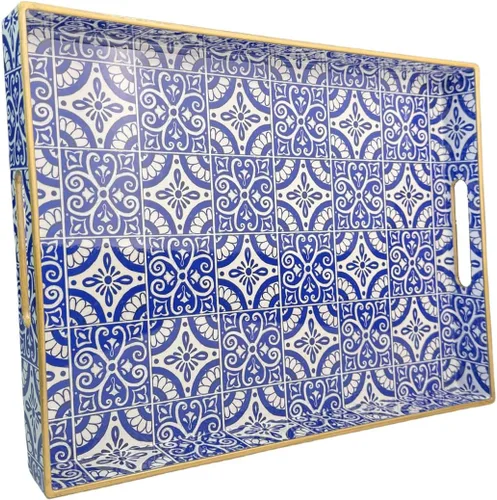 Vista 13 de Bandeja de servir azul con 4 asas, bandeja decorativa de plástico para mesa de café, otomana - Ideal para sala de estar y baño. 15 x 11 x 1.9