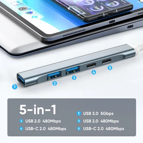 Vista 2 de Hub USB 3.0, concentrador USB 5 en 1 con USB C portátil y divisor USB de aluminio para laptop, Xbox, unidad flash, disco duro, consola, impresora