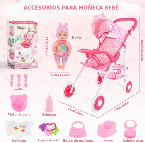 Vista 6 de deAO Juego de cochecito de muñeca de bebé de 12 pulgadas con cochecito de muñeca plegable, 15 piezas, accesorios para muñecas de bebé para niños