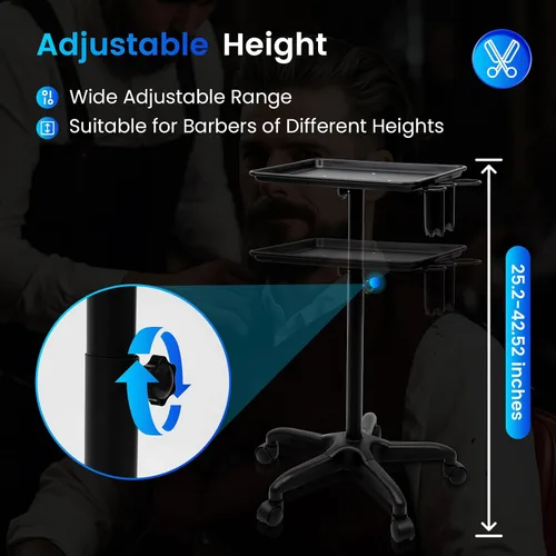 Vista 4 de Carrito de bandeja de salón rodante – Carrito móvil de almacenamiento de herramientas médicas para tatuajes de altura ajustable, para peluquería