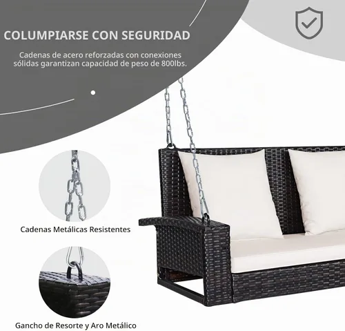 Vista 6 de RELAX4LIFE - Columpio de mimbre de 2 asientos, con dos cadenas de acero sólido de 7.9 pies, cómodos cojines de respaldo y asiento, para pórtico
