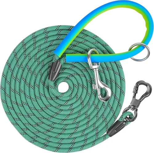 Vista 7 de NTR Correa de cuerda para perro, correa de entrenamiento de recuperación de 10 pies, con 2 ganchos giratorios, hilos reflectantes y mango de goma