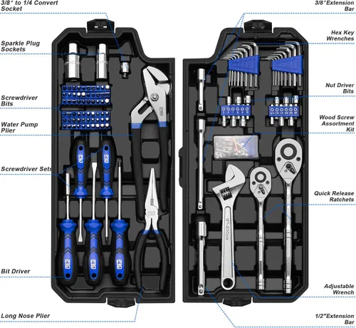 Vista 2 de Prostormer Juego de herramientas mecánicas de 240 piezas, surtido general SAE/métricas y llaves de llaves de reparación automotriz con caja