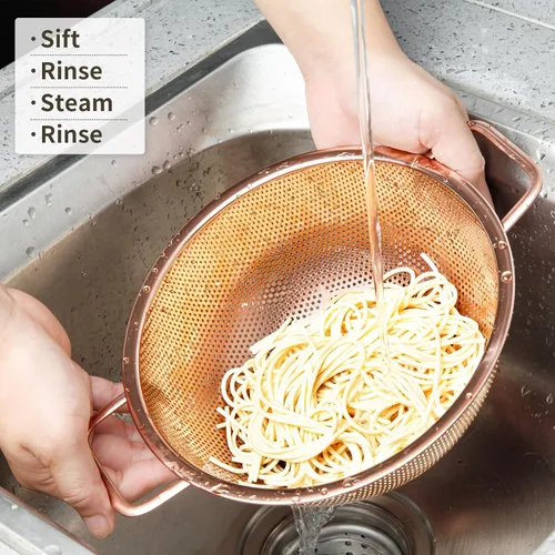 Vista 5 de Colador de 3 cuartos de galón con asa, colador de metal para alimentos para fregadero de cocina, olla de pasta para fideos, verduras y frutas, acero