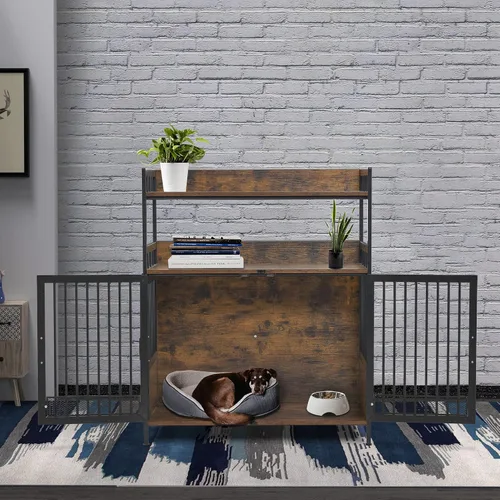 Vista 2 de MCombo Jaula para perros estilo muebles de 34 pulgadas con estantes de almacenamiento, mesa auxiliar de madera resistente para perros, casa de Marrón