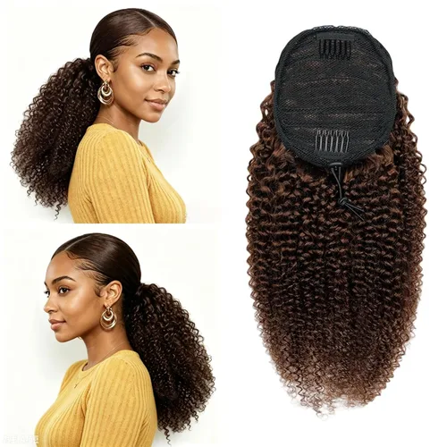 Vista 12 de Cola de Caballo con Cordón Afro Puff Cabello Humano Afro Rizado Crespo Cola de Caballo con Cordón 4C para Mujeres Negras Extensión de Cabello Humano