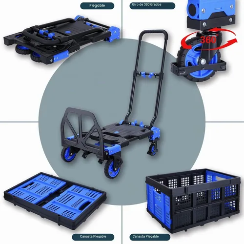 Vista 4 de JJSMKCH Carrito de mano plegable 2 en 1 con cesta plegable A-azul