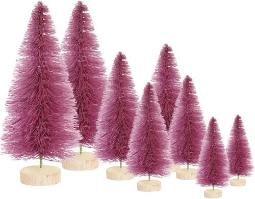 Vista 10 de 8 piezas de mini árbol de Navidad, árboles de Navidad en miniatura con base de madera, árboles de cepillo de botella dorados, árbol de Navidad