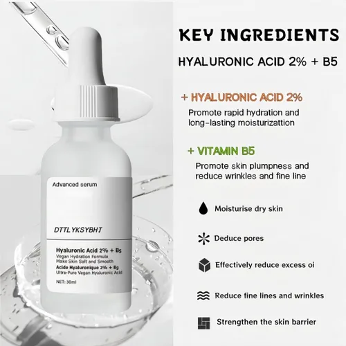 Vista 2 de Suero facial con 2% de ácido hialurónico + vitamina B5, suero hidratante sin fragancia para pieles sensibles, cuidado diario antienvejecimiento