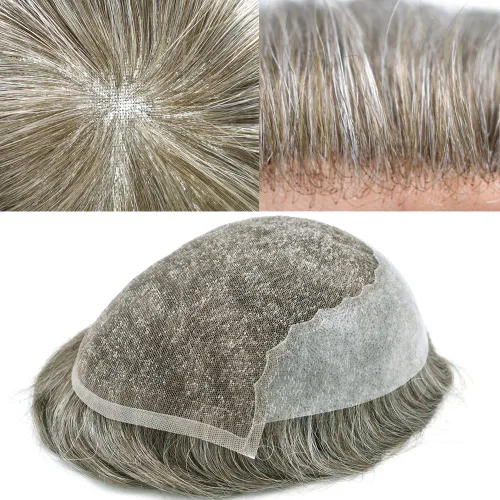 Vista 34 de Toupee para hombres, sistemas de reemplazo de cabello francés, encaje frontal, nudos blanqueados, línea capilar natural, encaje con piezas