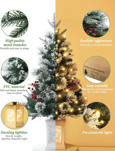 Vista 6 de Árbol de Navidad artificial preiluminado de 3 pies con luces, con base de copo de nieve, 78 luces LED, funciona con pilas, temporizador, fácil
