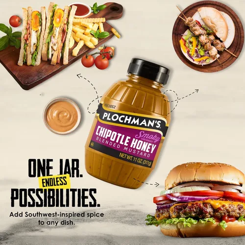 Vista 5 de Plochman's Miel Chipotle Mostaza, condimento gourmet dulce picante ahumado, 11 onzas