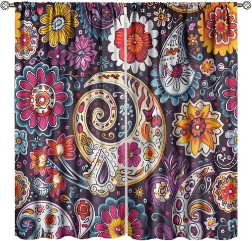 Vista 42 de Cortinas opacas con estampado de flores de cachemira, estampado de cachemira sobre fondo blanco, para decoración del hogar, cocina, restaurante