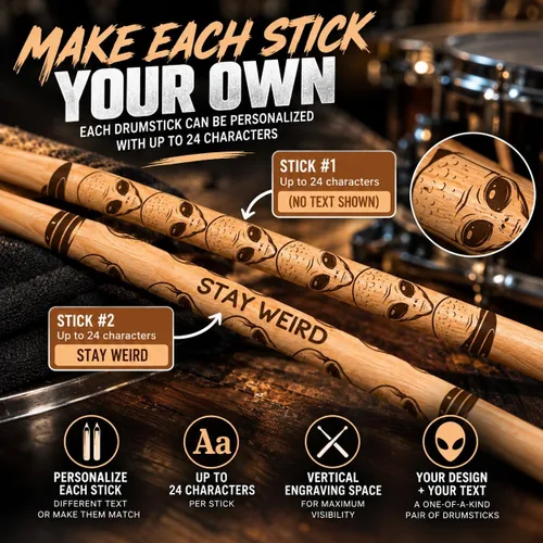 Vista 2 de Vital Signs - Baquetas 5A grabadas personalizadas con punta de madera de hickory para batería con nombre o texto, 1 par de baquetas de madera