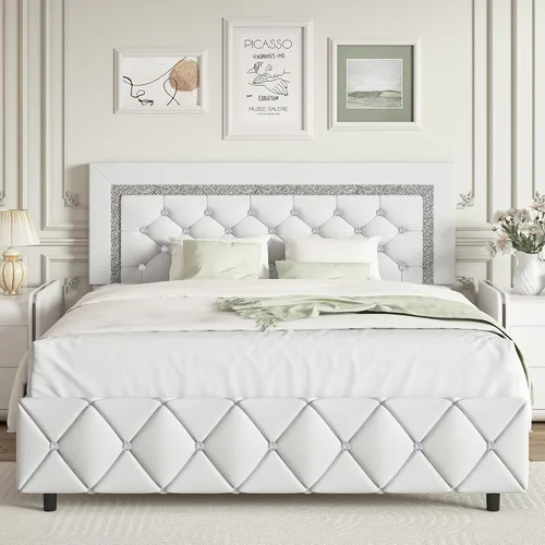Vista 16 de BarnFurin Base de cama individual con cabecero, cama tapizada con diseño capitonado de diamante, marco de cama para niños con soporte de listones