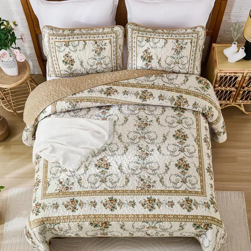 Vista 3 de Anibedding Juego de Edredón Floral Tamaño Queen, Edredones Colcha con Patrón de Flores Marrones Retro, Cubierta de Cama Ligera de Microfibra Suave