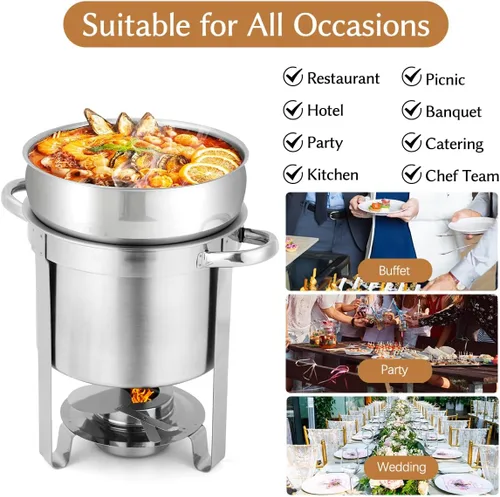 Vista 6 de Calentador de sopa redondo de acero inoxidable de 7 cuartos de galón, paquete de 2 Soup Chafer, Include Pot Lid & Fuel Holder, Commercial Soup Pot