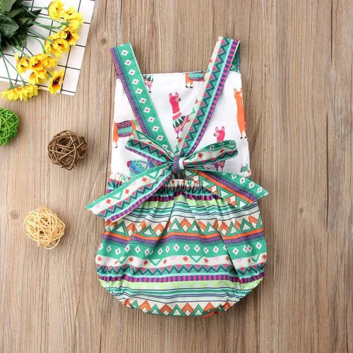 Vista 7 de Lamuusaa Mameluco de verano para bebé recién nacido y niña con patrón de alpaca colorido