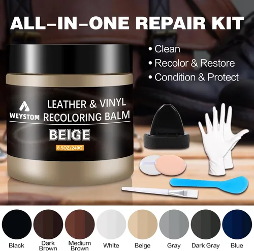 Vista 6 de Bálsamo de recoloración de cuero, kit de reparación de cuero beige para muebles, tinte de cuero y pintura para recolorear, restaurar y reparar cuero