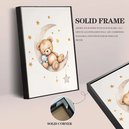 Vista 3 de 3 piezas de arte de pared con marco de oso de peluche para guardería, lienzo con oso durmiendo en la luna y estrellas, decoración de pared, imágenes