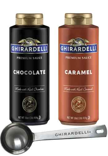 Vista 13 de Ghirardelli Salsa de caramelo, botella exprimible de 16 onzas (paquete de 2) con cuchara de barista estampada Ghirardelli
