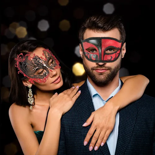 Vista 3 de Máscaras de máscaras para parejas, máscara de Mardi Gras, máscara de fiesta veneciana, máscara de disfraces de Halloween, máscara de metal, paquete