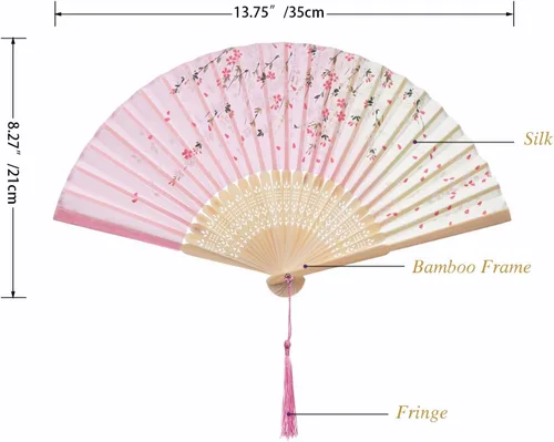 Vista 3 de QIRMIZI 5 ventiladores de mano – Elegantes ventiladores plegables de seda con marcos de bambú, ventilador plegable de flecos huecos, ventilador