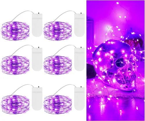 Vista 10 de Guirnalda de luces naranjas de Halloween, funciona con pilas, 7.2 pies, 20 luces LED, alambre de cobre plateado para Halloween, Navidad, decoración