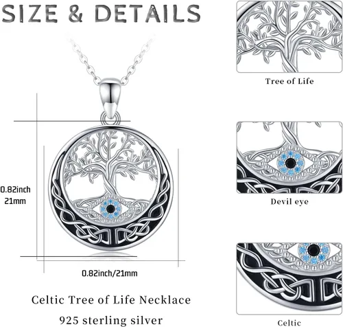 Vista 4 de Midir&Etain Tree of Life Necklace for Women 925 Sterling Silver Evil EyeMoon Pandent Celtic Jewelry Gifts for Women Mother