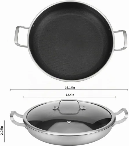 Vista 3 de Yeksum - Sartén de acero inoxidable de tres capas para paella, sartén grande con tapa (acero inoxidable híbrido, 12 pulgadas)