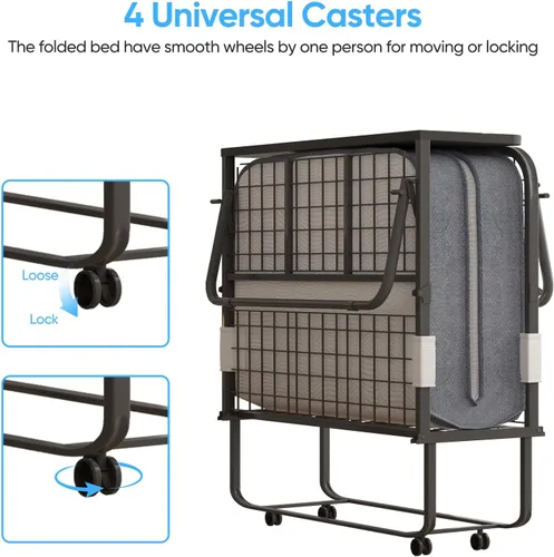 Vista 5 de Mjkone Cama plegable con colchón, cama rodante para adultos con cabecero y bolsa antipolvo, cama plegable portátil de 5 pulgadas para huéspedes