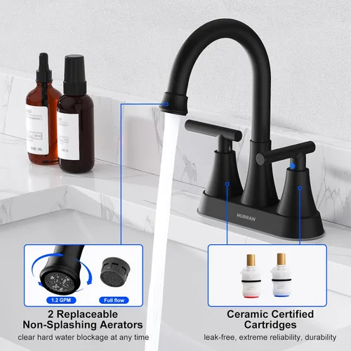 Vista 7 de Hurran - Grifos de baño para fregadero de 3 agujeros, juego central de 4 pulgadas y grifo de lavabo de baño negro mate con drenaje emergente, grifo