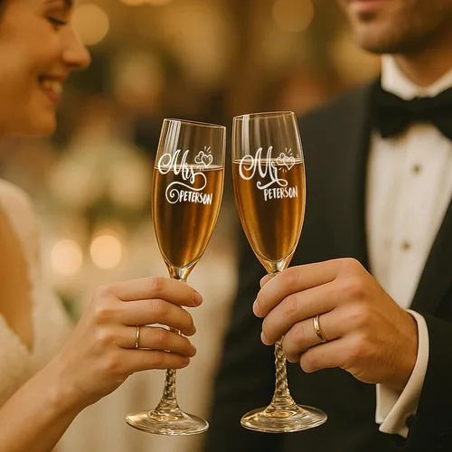 Vista 3 de Mr and Mrs - Juego de copas de champán con caja de madera grabada, elegantes copas de brindis de boda, regalo para novia y novio, compromiso
