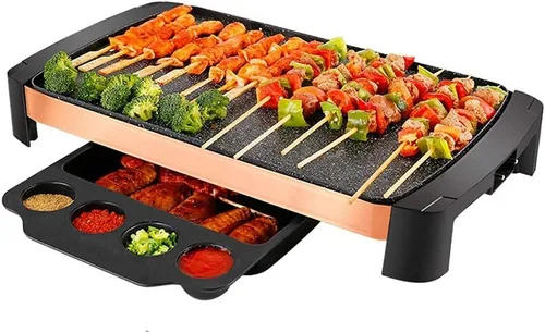 Vista 5 de Parrilla eléctrica de mesa Teppanyaki, parrilla antiadherente, 5 limas con temperatura ajustable, barbacoa de placa caliente para barbacoa, parrilla