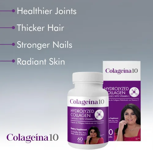 Vista 4 de Colageina 10 Cápsulas de colágeno hidrolizado con vitamina C, suplemento dietético antienvejecimiento para una piel, cabello, uñas, articulaciones