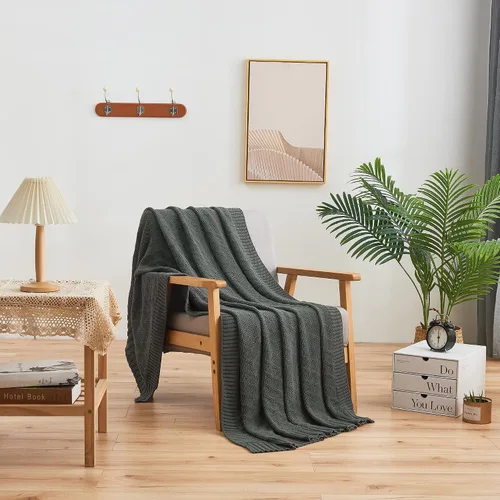 Vista 5 de Manta Grande de Punto de Algodón Gris Carbón para Sofá de Sala Cama - Decorativa para el Hogar Suave Acogedora Tejido de Suéter de Cable Otoñal