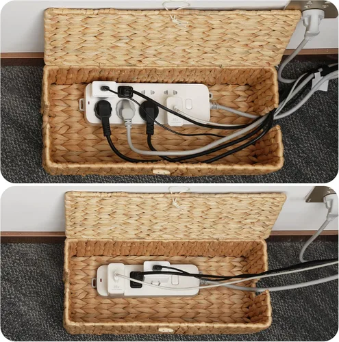 Vista 3 de Posprica Caja de Gestión de Cables con Tapa, Paquete de 2 Cajas Organizadoras Ocultadoras de Cables Tejidas a Mano de Jacinto de Agua Real, Caja