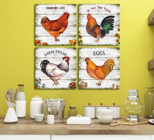 Vista 3 de Arte de pared de gallo, decoración rústica de cocina de gallina, cuadros impresos de pollo, comedor, sala de estar, lienzo de dormitorio, juego
