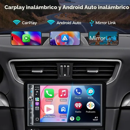 Vista 2 de Estéreo de auto de doble DIN de 7 pulgadas, Apple Carplay inalámbrico y Android Auto, pantalla táctil HD, Bluetooth, 240W, SWC, salida de subwoofer
