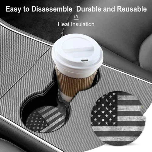 Vista 4 de Portavasos absorbentes con la bandera estadounidense negra y gris, juego de posavasos de cerámica para mujeres y hombres, 2.56 pulgadas (2 unidades)
