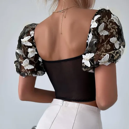 Vista 5 de Camiseta corta con bordado de mariposa para mujer, sexy, de malla, ajustada, ombliguera