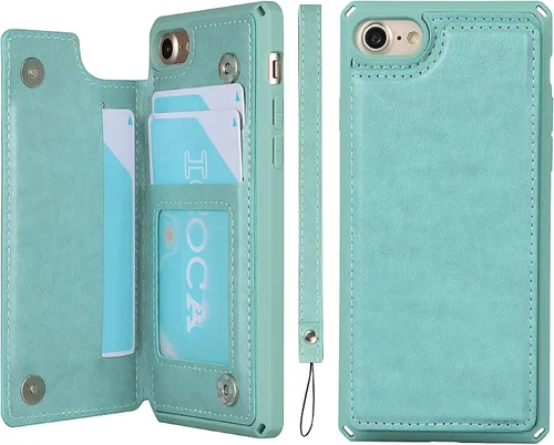 Vista 19 de iCoverCase Funda compatible con iPhone SE 2022/SE 2020/7/8 con soporte para tarjetas, funda tipo cartera para mujer, con bloqueo RFID en relieve