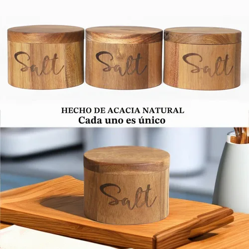 Vista 4 de Cajas de especias de madera de acacia con cubierta giratoria para encimera de cocina, conservador de sal con cuchara integrada, moderno decorador