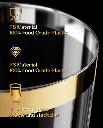 Vista 6 de Nervure 120 vasos de plástico dorados – Vasos de plástico con borde dorado de 10 onzas – Vasos desechables resistentes – Taza transparente con borde