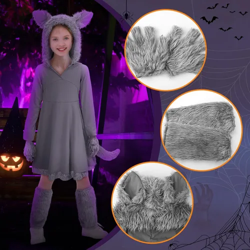 Vista 3 de Bonuci Disfraz de lobo de Halloween de 3 piezas para niñas, vestido de hombre lobo con cola, guantes de pata de lobo, calentadores de piernas